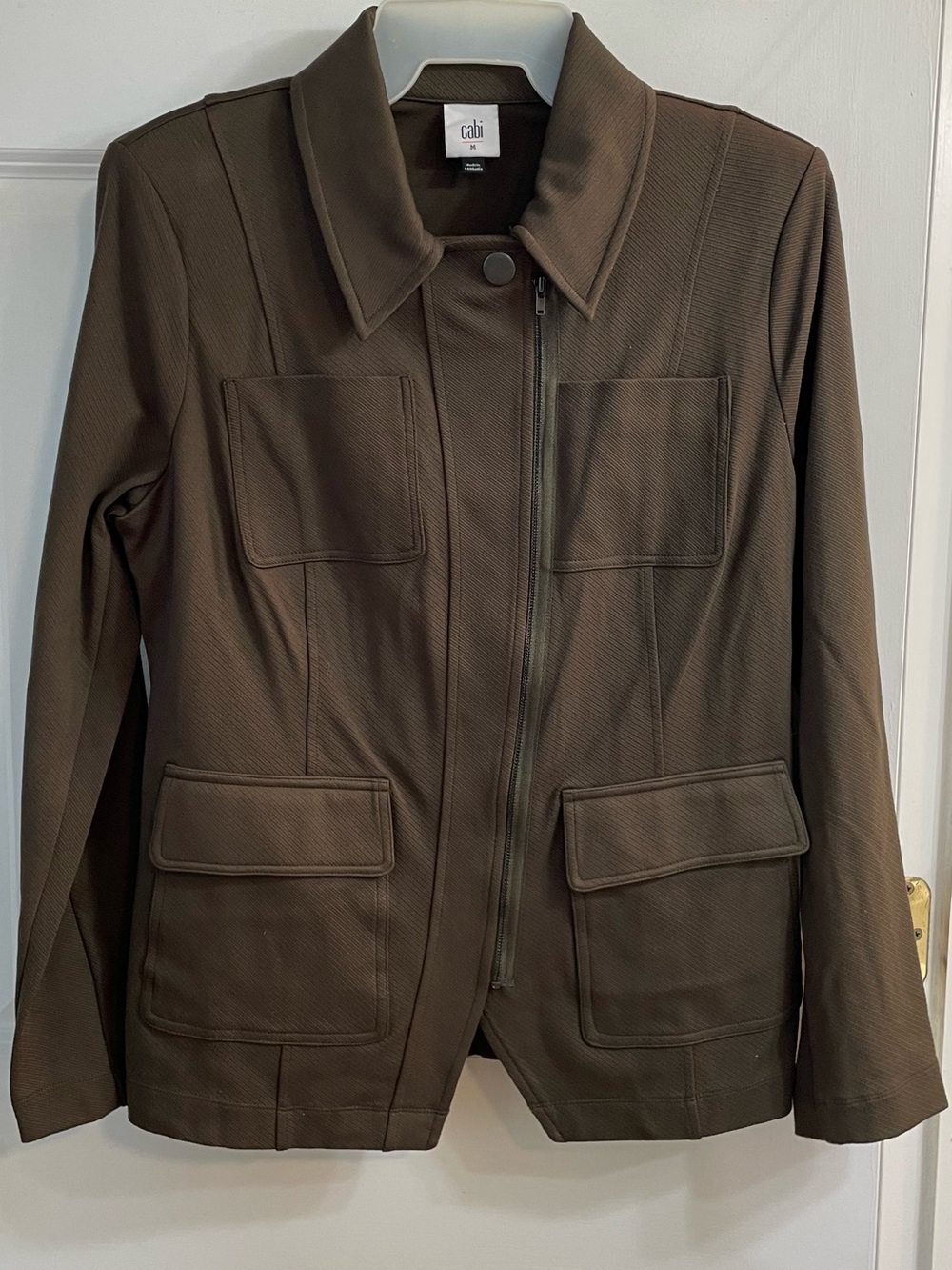 Cabi Dark Olive Green Utility Jacket Medium Rayon Nylon Stretch Zip Pockets